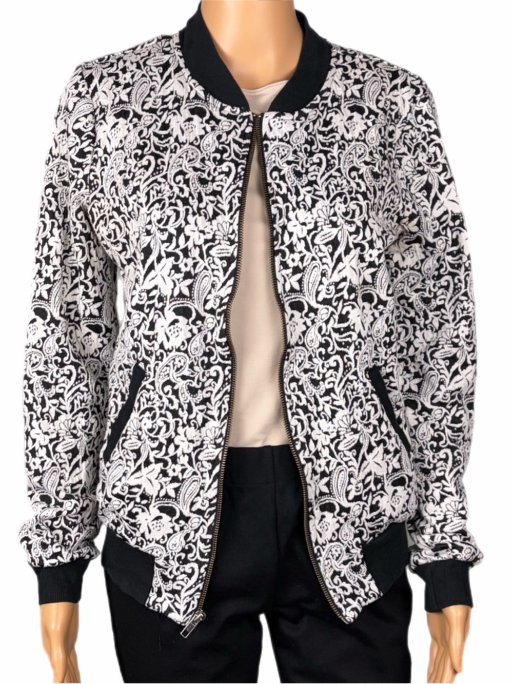 MICHAEL STARS black and off-white “Tapestry Jersey Ivory” bomber jacket Small